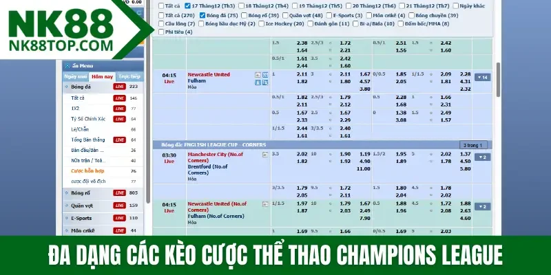 Đa dạng các kèo cược thể thao Champions League