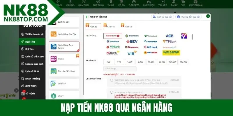 Nạp tiền NK88 qua ngân hàng